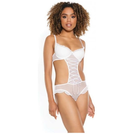 Stretch Mesh Ruffled Crotchless Teddy White Lg