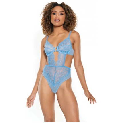 Scallop Stretch Lace & Sheer Mesh Teddy W/front V Cut Out Blue Lg