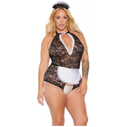 Scallop Stretch Lace Crotchless Maid Teddy W/headpiece Black/white Os/xl