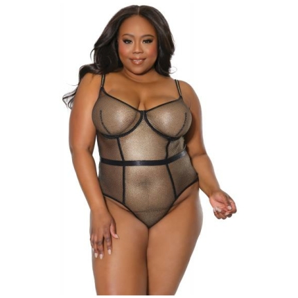 Holiday Metallic Fishnet Teddy W/underwire Cups Black/gold 1x/2x