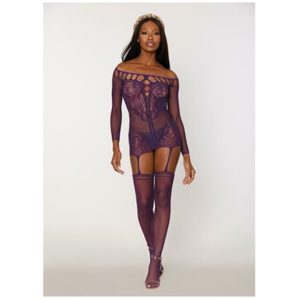 Scalloped Lace And Fishnet Garter Dress W/attached Stockings - Purple O/s