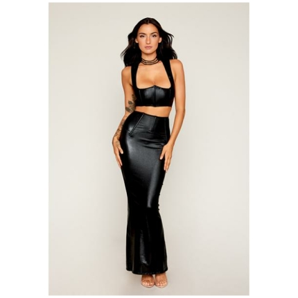 Stretch Faux Leather Harness Bra & Long Slip Skirt - Black Lg