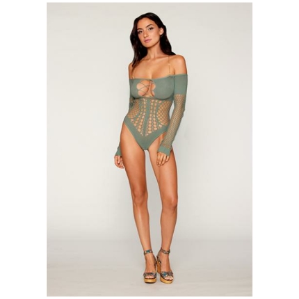 Long Sleeve Opaque And Fishnet Seamless Teddy W/removable Halter Chain - Sage Green O/s
