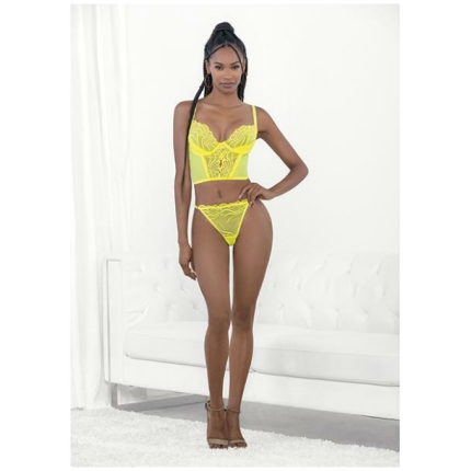 Neon Lace Corset Top W/ring Accent & Panty Neon Lime Sm