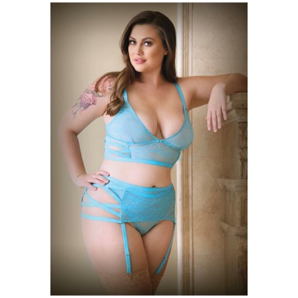 Curve Keira Criss Cross Bralette, Garter Belt & Panty Blue 3x/4x