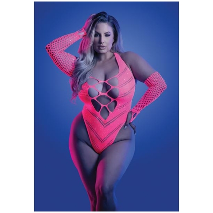 Glow Flashback Black Light Reactive Rhinestone Teddy W/gloves (or Leg Warmers) - Neon Pink Qn