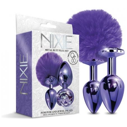 Nixie Metal Butt Plug Set W/jewel Inlaid & Pom Pom - Purple Metallic