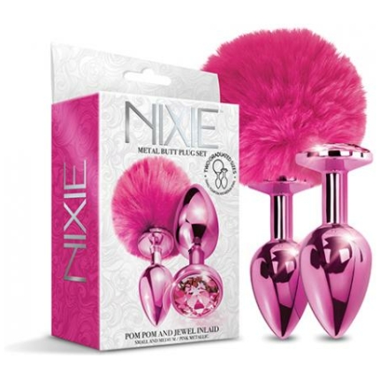 Nixie Metal Butt Plug Set W/jewel Inlaid & Pom Pom - Pink Metallic