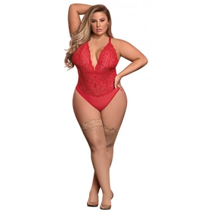 Risqué Business Lace & Mesh Teddy W/snap Crotch Red Qn