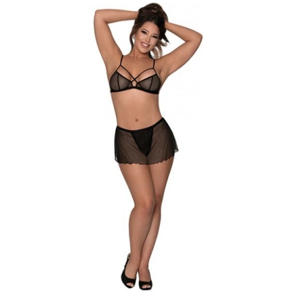 Girl Next Door Strappy Bralette W/flirty Thong Skirt Black L/xl