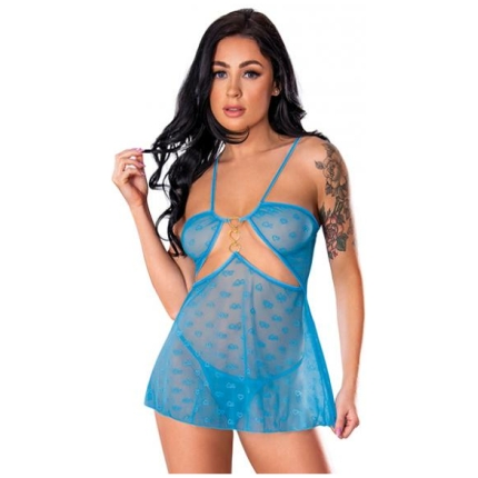 Flirty Hearts Cutout Flutter Chemise W/g-string - Blue L/xl