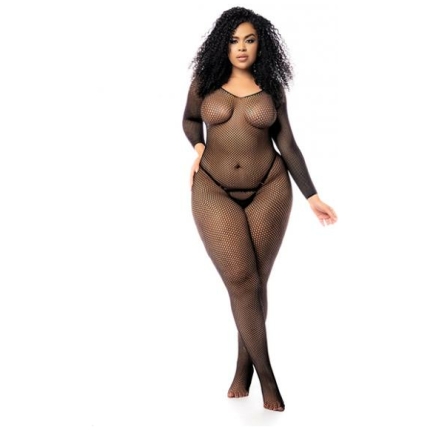 Long Sleeved All Over Fishnet Body Stocking Black Qn