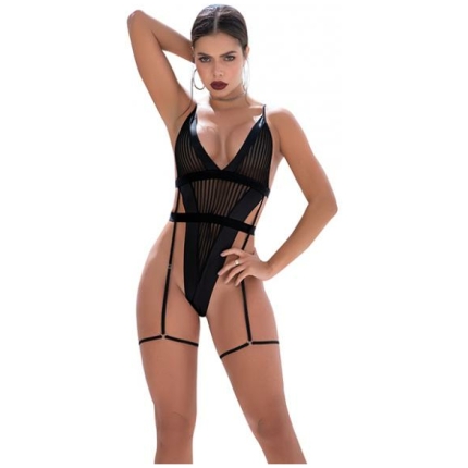 Shadow Panel Bodysuit W/hook & Eye Crotch Closure & Attached Garters Black M/l