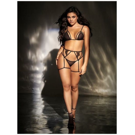 Mesh Top W/adjustable Coverage, Garter Belt & Thong Black S/m
