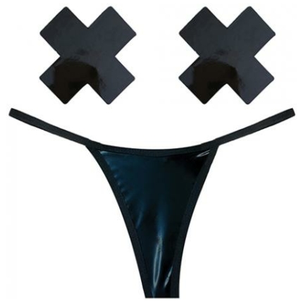 Neva Nude Naughty Knix Dom Squad Wet Vinyl G-string & Pasties - Black O/s