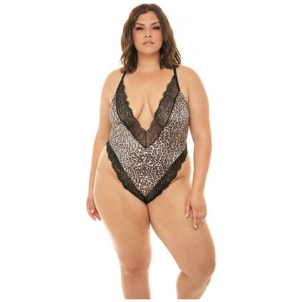 Jolene Satin Teddy W/plunging Neckline Leopard/black 3x/4x