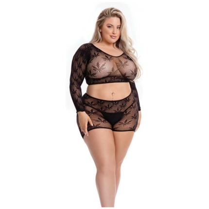 Pink Lipstick Leaf It To Me Long Sleeve Crop Top & Short Black Qn