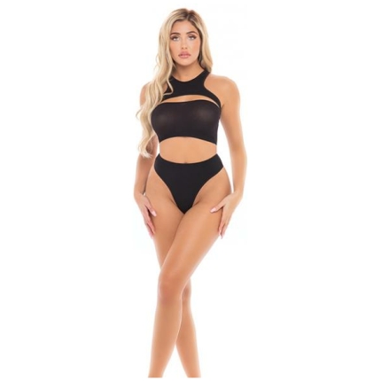 Pink Lipstick ine Bandeau, Harness Top, & High Waist Thong Black O/s