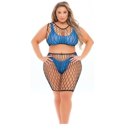 Pink Lipstick Brace For Impact Large Fishnet Top, Shorts, Bra & Thong (fits Up To 3x) Neon Blue Qn