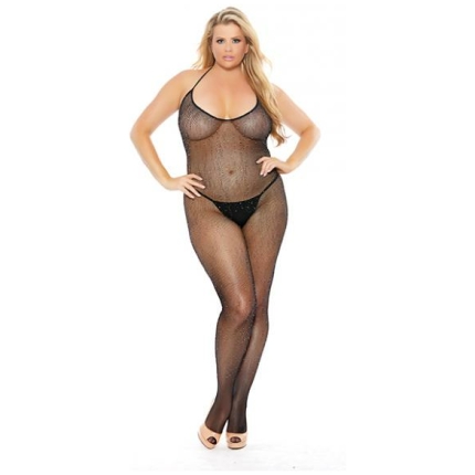 Rhinestone Fishnet Halter Top Bodystocking Black Qn