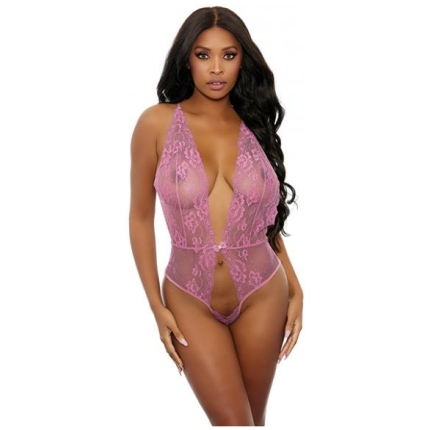Sheer Lace Open Teddy Pink O/s