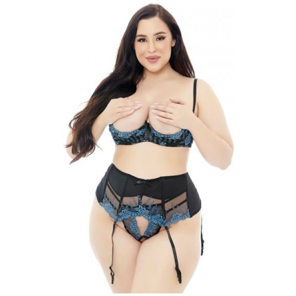 Embroidered Lace Open Cup Bra, Garter Belt & G-string Black/blue 1x/2x