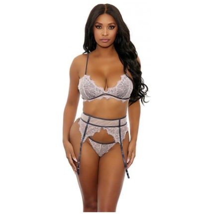 Floral Lace Bra, Cage Garter Belt & G-string Dusty Pink Xl