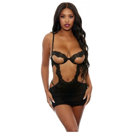 Open Cut Underwire Lace & Mesh Chemise W/g-string Black Md