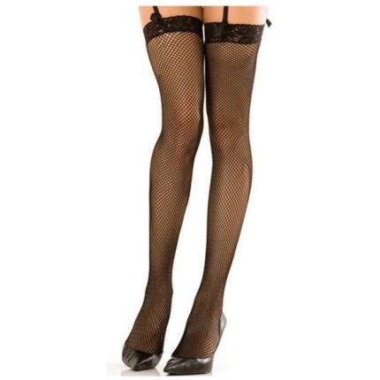 Lace Top Fishnet Thigh High Stockings Black O/S