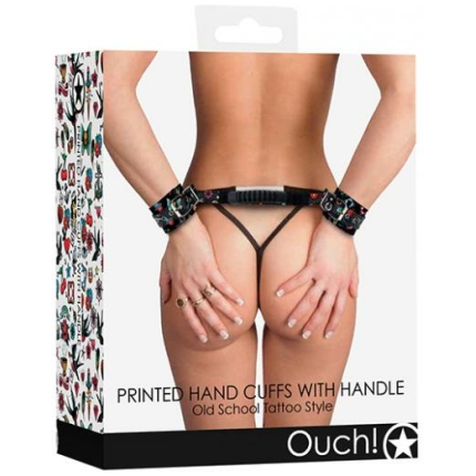 Shots Ouch Old School Tattoo Style Printed Handcuffs W/handle - Black