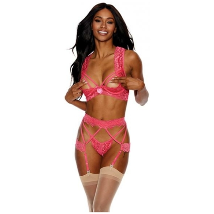Lace Underwire Peek A Boo Bra, Garterbelt & G-string Coral Md