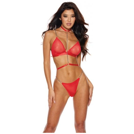 Sheer Mesh Bra W/chain Detail & Panty Red Xxl