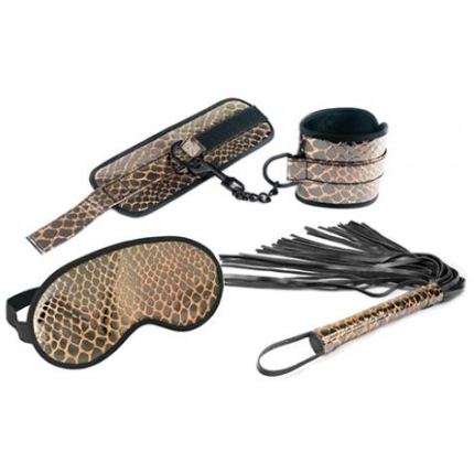 Spartacus Faux Leather Wrist Restraints Blindfold & Flogger Bondage Kit - Gold