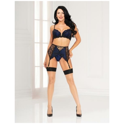 Lace Overlay Underwire Bra, Garterbelt & Thong Black/royal Xl