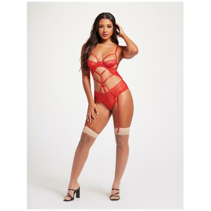 Sheer Mesh & Lace Demi Cup Teddy Red Sm