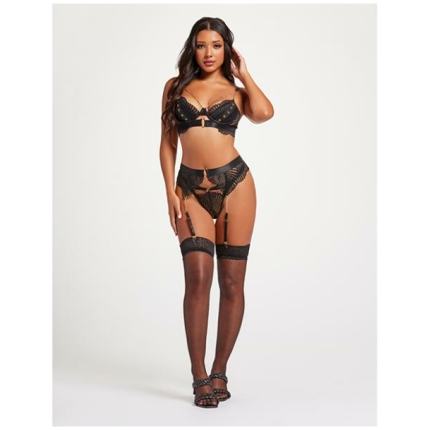 Scalloped Lace Bra W/gold Chain, Garter Belt & Thong Black Md