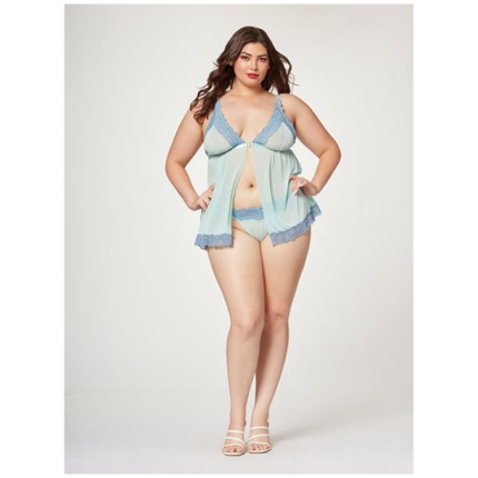 Lace & Mesh Triangle Cup Babydoll & Thong Blue 3x/4x