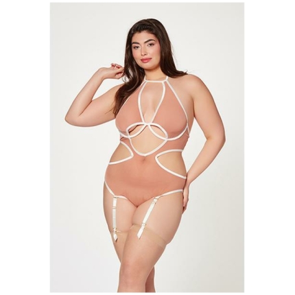 Mesh Cut Out Halter Teddy Nude/white Qn