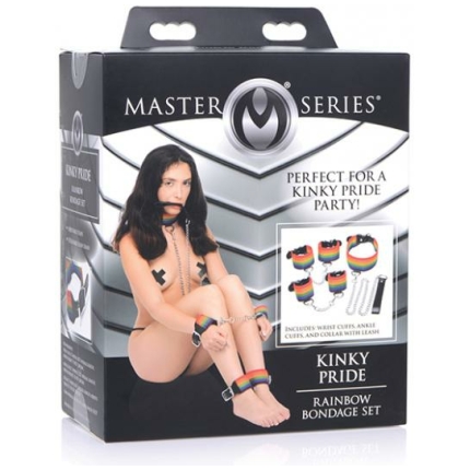Master Series Kinky Pride Rainbow Bondage Set - Wrist & Ankle Cuffs & Collar W/leash