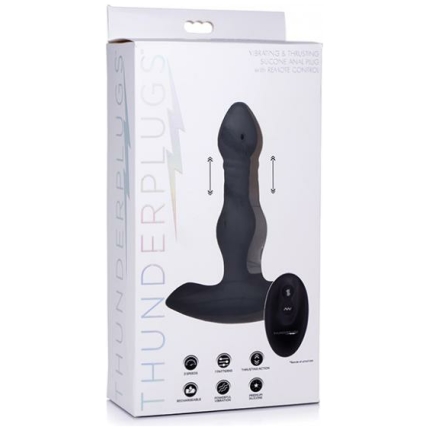 Thunderplugs Silicone Vibrating & Thrusting Plug W/remote - Black